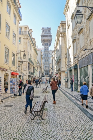 LISBOA, PORTUGAL - NOVEMBER 28: The Santa Justa Lift (Elevador de Santa Justa) on November 28, 2013 in Lisbon, Portugal. It is a elevator in the historical city of Lisbon.のeditorial素材