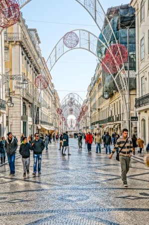 LISBOA, PORTUGAL - NOVEMBER 28: Rua da Prata at Christmas on November 28, 2013 in Lisbon, Portugal. Lisbon is the capital and the largest city of Portugal with a population of 547,631.のeditorial素材
