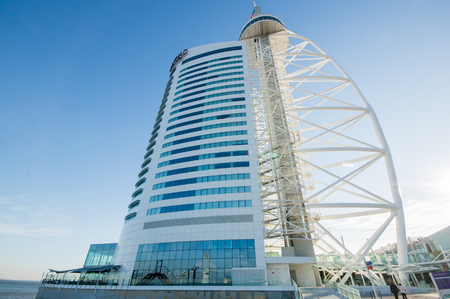  LISBOA, PORTUGAL - NOVEMBER 30: Vasco da Gama Tower in the Park of the Nations on November 30, 2013 in Lisbon, Portugal.  It is a 145 meters skyscraper built over the Tagus river.のeditorial素材
