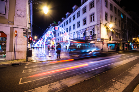 LISBOA, PORTUGAL - NOVEMBER 30: Light trails in Lisbon street (Rua da Prata)  on November 30, 2013 in Lisbon, Portugal. Lisbon is the capital and the largest city of Portugal with a population of 547,631のeditorial素材