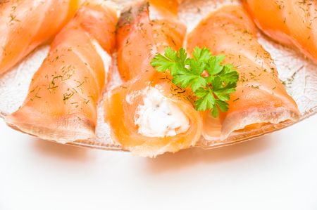 Canapes with fresh salmon and cream cheese の写真素材