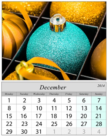 Calendar December 2014 with Christmas ornaments.の写真素材