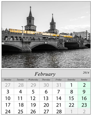 Calendar February 2014 with scene of Berlin, Germany.の写真素材