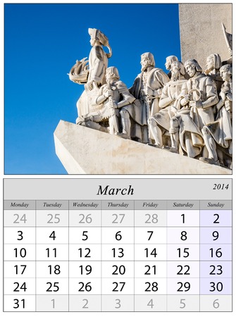 Calendar March 2014 with sculptures in Lisbon, Portugal.の写真素材