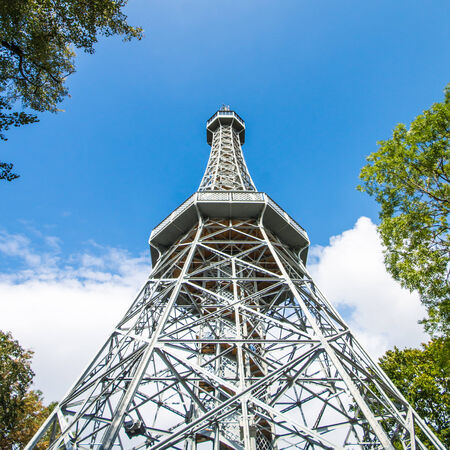 PRAGUE, CZECH REPUBLIC - SEPTEMBER 26:Petrin tower on September 26, 2013 in Prague, Czech Republic. Prague is a UNESCO World Heritage Site.のeditorial素材