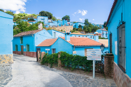 JUZCAR, SPAIN - SEPTEMBER 07: View of Juzcar on September 07, 2014 in Juzcar, Malaga, Spain. In spring 2011, buildings in the town were painted smurf-blue by Sony Pictures to celebrate the premiere of the Smurfs movie.のeditorial素材