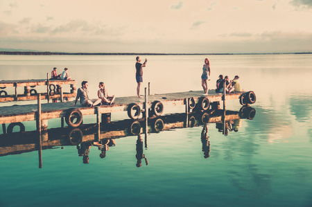 VALENCIA, SPAIN - JULY 14: Group of tourist in Albufera on July 14, 2014 in Valencia, Spain The Albufera is a freshwater lagoon and estuary on the Gulf of Valencia coast of the Valencian Community in eastern Spain.のeditorial素材