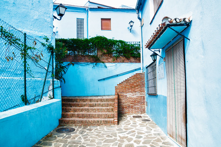 JUZCAR, SPAIN - SEPTEMBER 07: View of Juzcar on September 07, 2014 in Juzcar, Malaga, Spain. In spring 2011, buildings in the town were painted smurf-blue by Sony Pictures to celebrate the premiere of the Smurfs movie.のeditorial素材