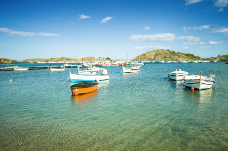 CADAQUES, SPAIN - JULY 21: View of Cadaques, one of the most touristic villages of Costa Brava, on July 21, 2014, in Port de la Selva, Catalonia, Spain. It is on a bay in the middle of the Cap de Creus peninsula, near Cap de Creus cape.のeditorial素材