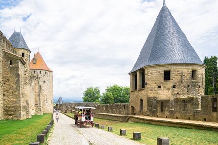 CARCASSONNE,FRANCE - JULY  25: medieval city of Carcassonne on July 25, 2014 in Carcassonne, France. It is UNESCO World Heritage site.のeditorial素材