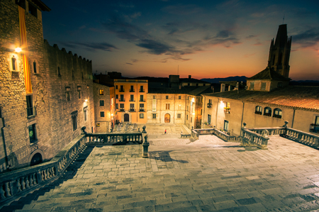 Girona at night, Catalonia, Spainのeditorial素材