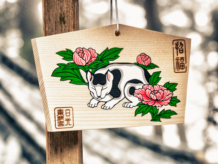 NIKKO, JAPAN - MARCH 19: old temple on March 19, 2015 in Nikko, Japan. Visitors write their wishes on wood plates and leave them inside the shrine.のeditorial素材