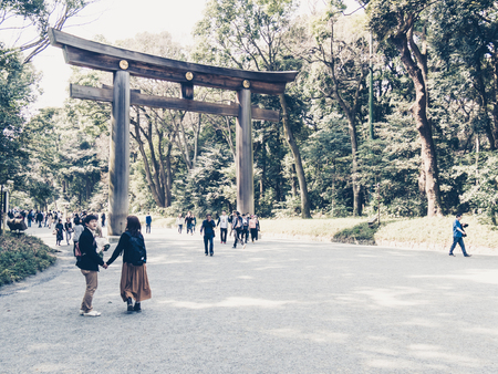 TOKYO, JAPAN - MARCH 22: Meiji jingu on March 22, 2015 in Tokyo, Japan. Shinto shrine that is dedicated to the Emperor Meiji and his wife.のeditorial素材