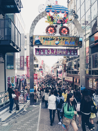 TOKYO, JAPAN - MARCH 22: Takeshita Street (Takeshita Dori) on March 22, 2015 in Tokyo, Japan. It is considered a birthplace of Japan's fashion trends.のeditorial素材
