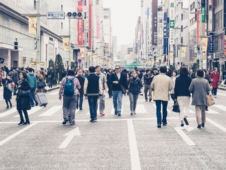 TOKYO, JAPAN - MARCH 20: Ginza district on March 20, 2015 in Tokyo, Japan. It is one of the world's best known shopping districts.のeditorial素材