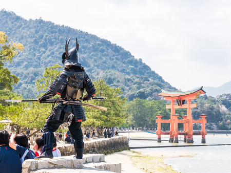 MIYAJIMA, JAPAN - MARCH 28: Samurai on March 28, 2015 in Miyajima, Japan. Miyajima is a shinto holy site and listed in the World heritage of UNESCO..のeditorial素材