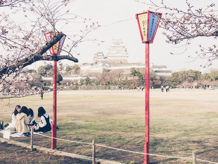 HIMEJI, JAPAN - MARCH 28: Himeji Castle on March 28, 2015 in Himeji, Japan. Himeji Castle dates to 1333, when Akamatsu Norimura built a fort on top of Himeyama hill.のeditorial素材