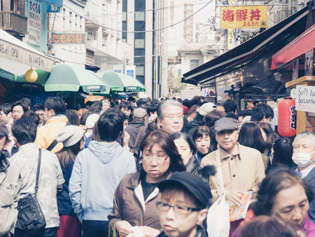 TOKYO, JAPAN - MARCH 20: Tsukiji Outer Market on March 20, 2015 in Tokyo, Japan. Tsukiji Market is the biggest wholesale fish market in the world.のeditorial素材