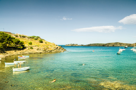 CADAQUES, SPAIN - JULY 21: View of Cadaques, one of the most touristic villages of Costa Brava, on July 21, 2014, in Port de la Selva, Catalonia, Spain. It is on a bay in the middle of the Cap de Creus peninsula, near Cap de Creus cape.のeditorial素材
