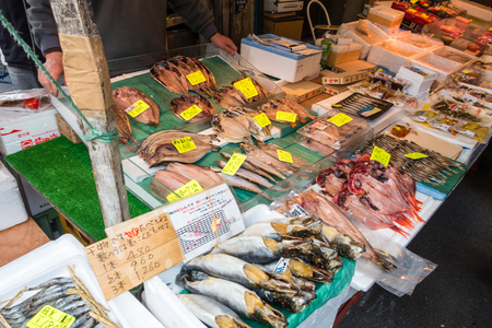 TOKYO, JAPAN - MARCH 21: Tsukiji Outer Market on March 21, 2015 in Tokyo, Japan. Tsukiji Market is the biggest wholesale fish market in the world.のeditorial素材