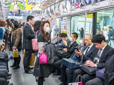 TOKYO, JAPAN - MARCH 31: Yamanote line on March 31, 2015 in Tokyo, Japan. It is a railway loop line in Tokyo, Japan, operated by East Japan Railway Company (JR East).のeditorial素材