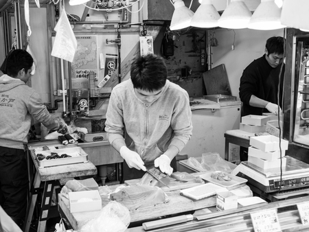 TOKYO, JAPAN - MARCH 20: Tsukiji Outer Market on March 20, 2015 in Tokyo, Japan. Tsukiji Market is the biggest wholesale fish market in the world.のeditorial素材