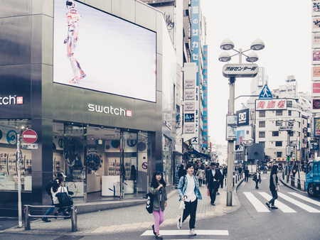 TOKYO, JAPAN - MARCH 31: Shibuya district on March 31, 2015 in Tokyo, Japan. The district is a famed youth and nightlife center.のeditorial素材