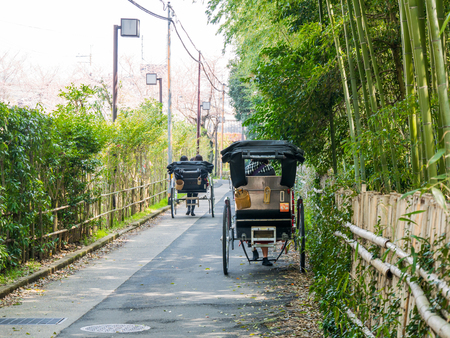ARASHIYAMA, JAPAN - MARCH 29: Tourist ride rickshaw service on March 29, 2015 in Arashiyama, Japan. It is a district on the western outskirts of Kyoto.のeditorial素材
