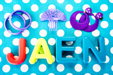 Jaen made of plastic letters, blue dotted backgroundの写真素材