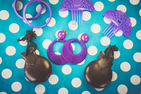 Close-up of different costume jewelry and souvenirsの写真素材