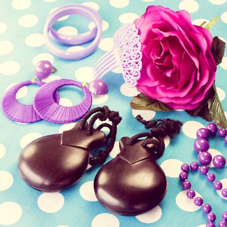 Close-up of different costume jewelry and souvenirsの写真素材
