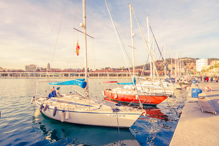 MALAGA, SPAIN - JANUARY 23: docked boats on January 23 in Malaga, Spain. It is the second most populous city of Andalusia.のeditorial素材