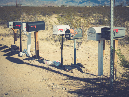 ARIZONA, USA - SEPTEMBER 06: Old mailboxes in historic Route 66 on September 06, 2015 in Arizona, United States. Route 66 was established on November 11, 1926のeditorial素材