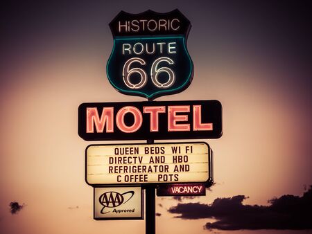 ARIZONA, USA - SEPTEMBER 06: Motel sign in historic Route 66 on September 06, 2015 in Arizona, United States. Route 66 was established on November 11, 1926.のeditorial素材