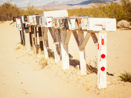 ARIZONA, USA - SEPTEMBER 06: Old mailboxes in historic Route 66 on September 06, 2015 in Arizona, United States. Route 66 was established on November 11, 1926のeditorial素材