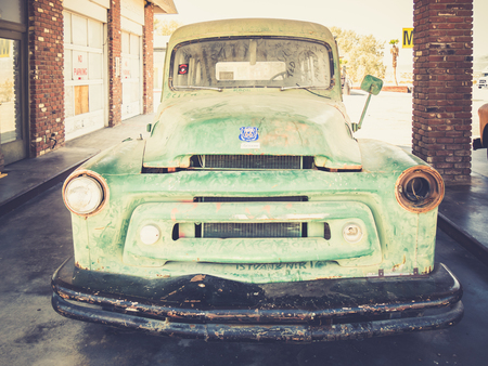 KINGMAN, USA - SEPTEMBER 05: old pickup truck in historic Route 66 on September 05, 2015 in Kingman, United States. Route 66 was established on November 11, 1926.のeditorial素材