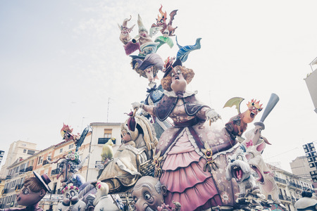 VALENCIA,SPAIN - MARCH 18: Las Fallas,papermache models are constructed then burnt in the traditional celebration in praise of St Joseph on March 18,2016 in Valencia,Spain.のeditorial素材