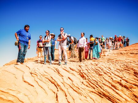 ANTELOPE CANYON, USA - SEPTEMBER 07: Unidentified tourists on September 07, 2015 in Arizona, United States. It It is located on Navajo land east of Page, Arizona.のeditorial素材