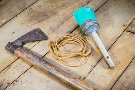 Close-up of three tools on wooden backgroundの写真素材