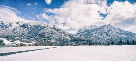 Panoramic view of winter scene in Fussen, Bavaria, Germanyの写真素材