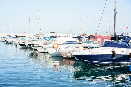FUENGIROLA,SPAIN - 21 MAY 2016: View on Spanish bay with moored yachts against of blue skyのeditorial素材