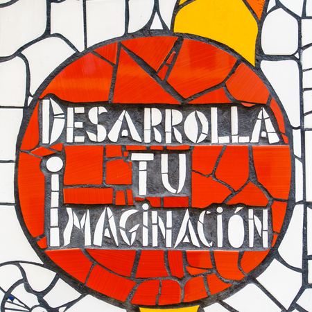 MALAGA,SPAIN - 28 MAY 2016:Close-up of red cirle with words. UPHO Festival.のeditorial素材