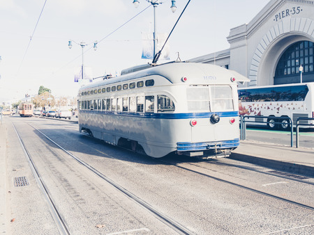 SAN FRANCISCO, USA - SEPTEMBER 15: typical tram on September 15, 2015 in San Francisco, California, United States. San Francisco was founded on June 29, 1776.のeditorial素材