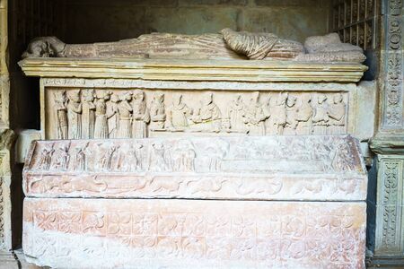 LA RIOJA,SPAIN - 29 AUGUST,2016: Stone bas-relief with women in sunlight in Santa Maria Monastery in Najera.のeditorial素材
