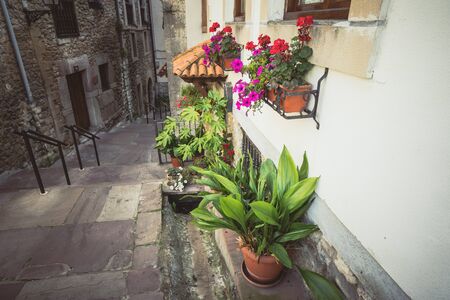 SAN VICENTE DE LA BARQUERA,CANTABRIA,SPAIN - 31 AUGUST,2016: View of potted flowers and plants in the street against of staircase going down.のeditorial素材