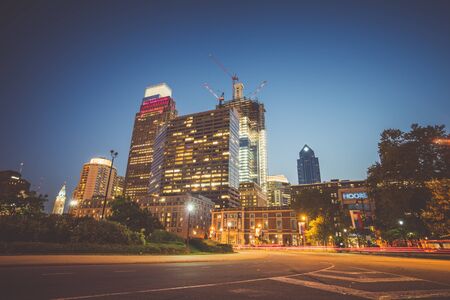 Benjamin Franklin Pkwy in Philadelphia, Pennsylvania, USA - 16 October, 2016: Empty road at night time.のeditorial素材