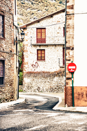 Ezcaray, La Rioja, Spain - 13.11.2016: Empty street in small town. Vertical outdoor shotのeditorial素材