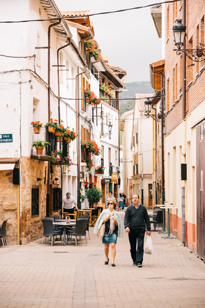 Ezcaray, La Rioja, Spain - 25.09.2016 Old narrow street. Vertical outdoors shotのeditorial素材