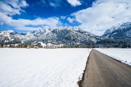 Panoramic view of winter scene in Fussen, Bavaria, Germanyの写真素材
