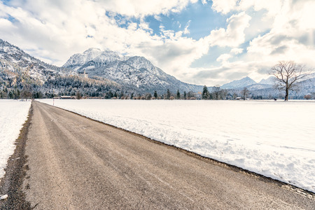 Panoramic view of winter scene in Fussen, Bavaria, Germanyの写真素材